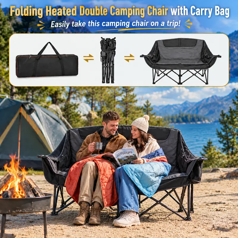 Heated Double Camping Chair | 2-Person Folding Loveseat with 3 Heat Levels