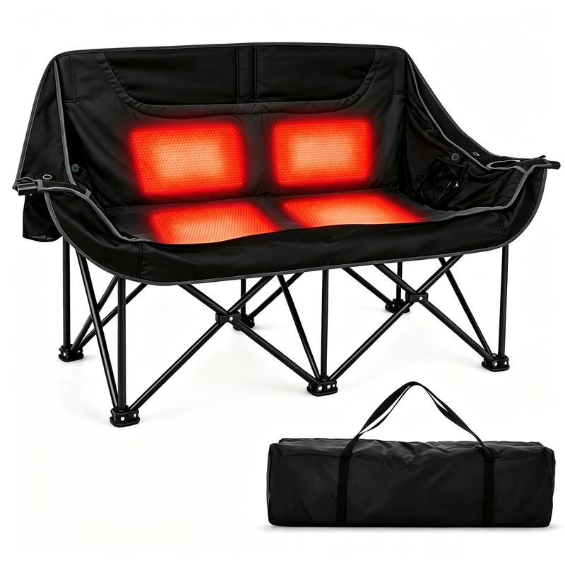 Heated Double Camping Chair | 2-Person Folding Loveseat with 3 Heat Levels