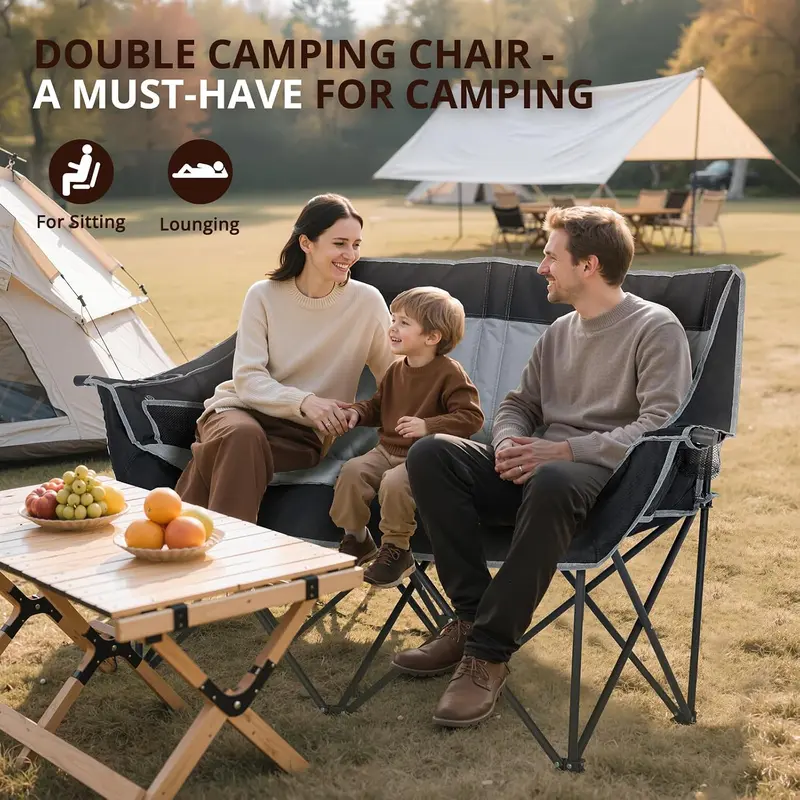 Heated Double Camping Chair | 2-Person Folding Loveseat with 3 Heat Levels