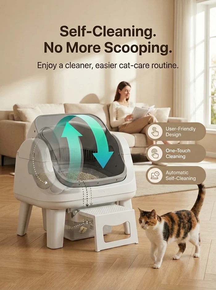 Automatic Self-Cleaning Cat Litter Box – Open-Top Design, Easy-Entry Step & No App Needed