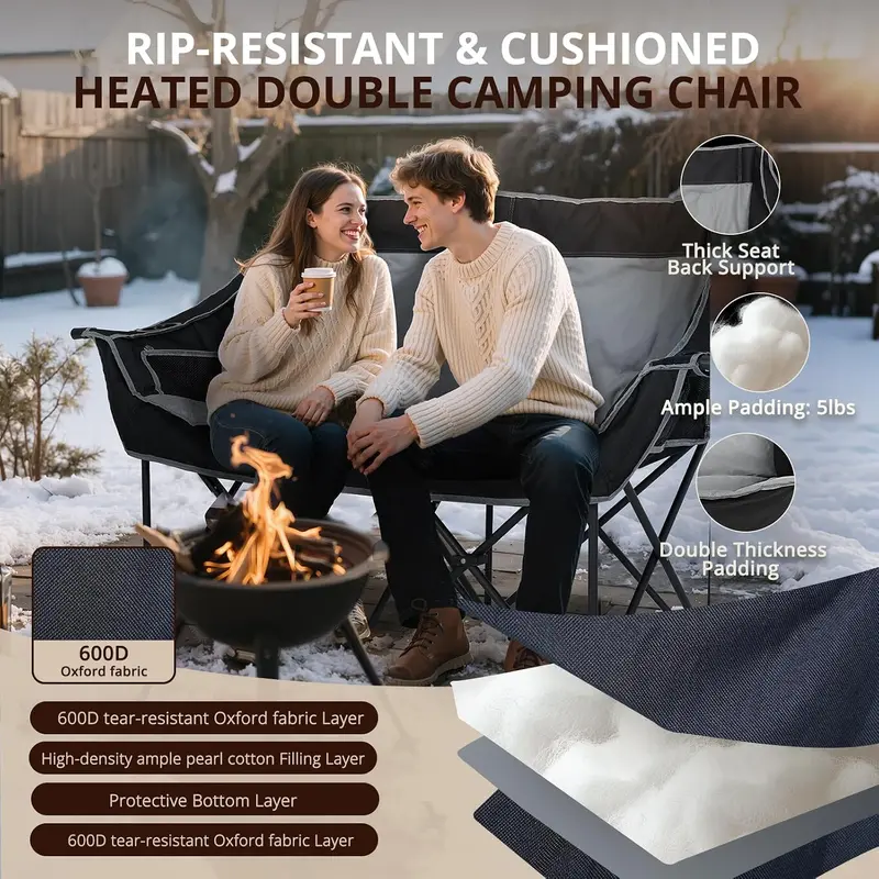 Heated Double Camping Chair | 2-Person Folding Loveseat with 3 Heat Levels