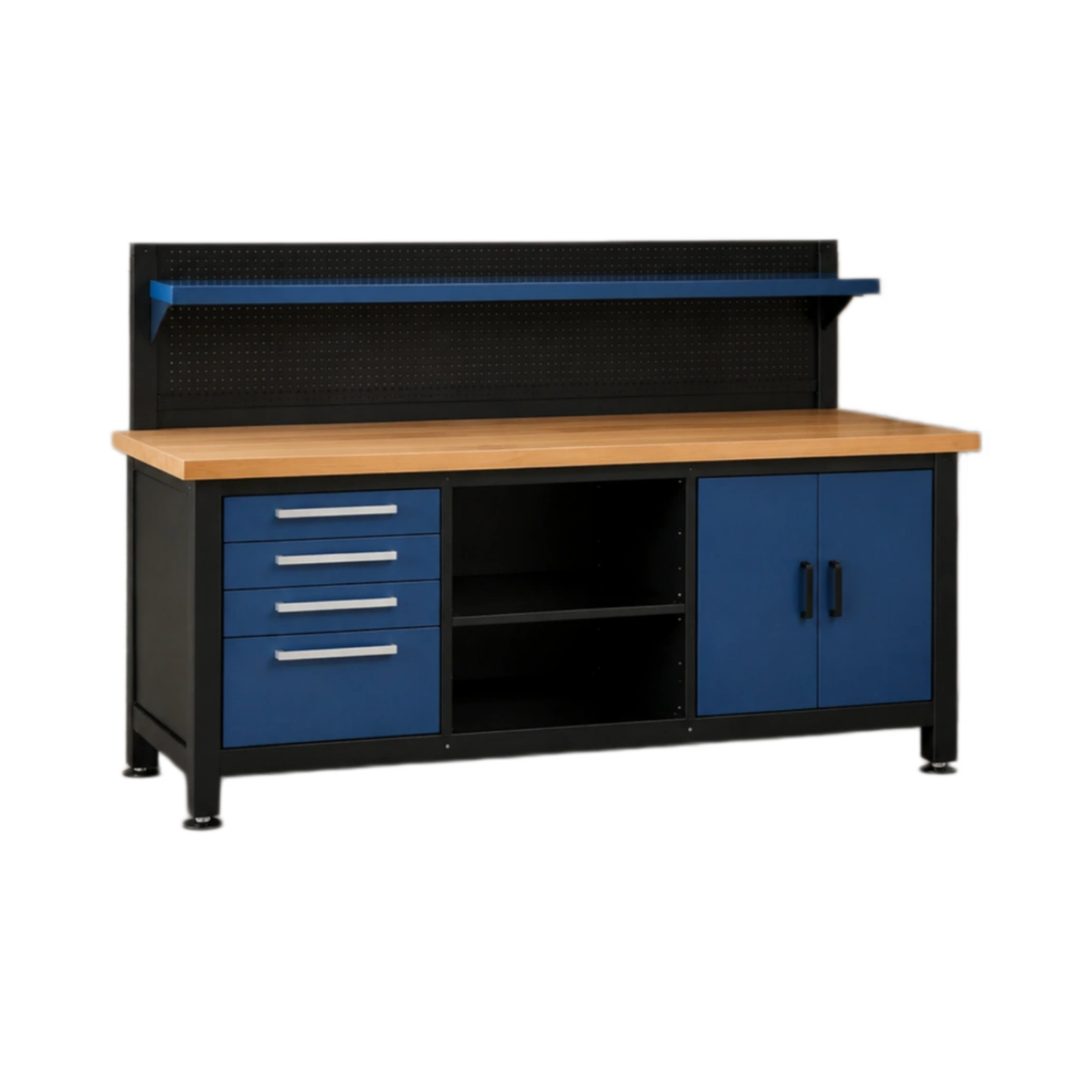 Werkbank mit stahlrahmen und eichenholzplatte blau-decorlivingz