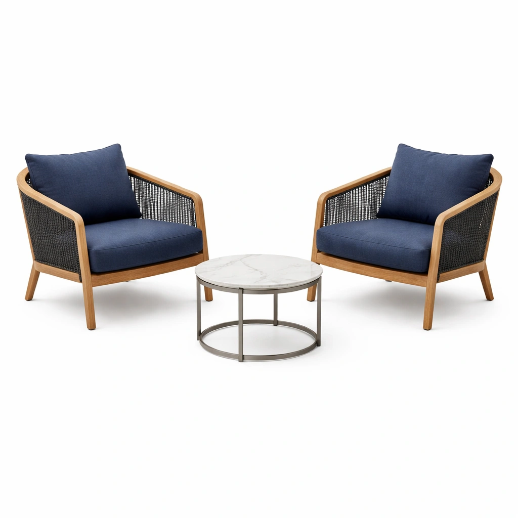 Loungeset teakholz seilgeflecht marmortisch blau-FURNILUMINA