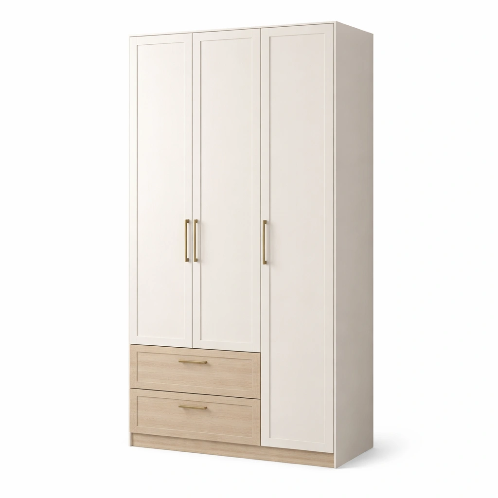 Kleiderschrank Dreiflügelig Aus MDF Weiß Eiche Mit Schubladen 200x100x60 cm-HOMAVELA