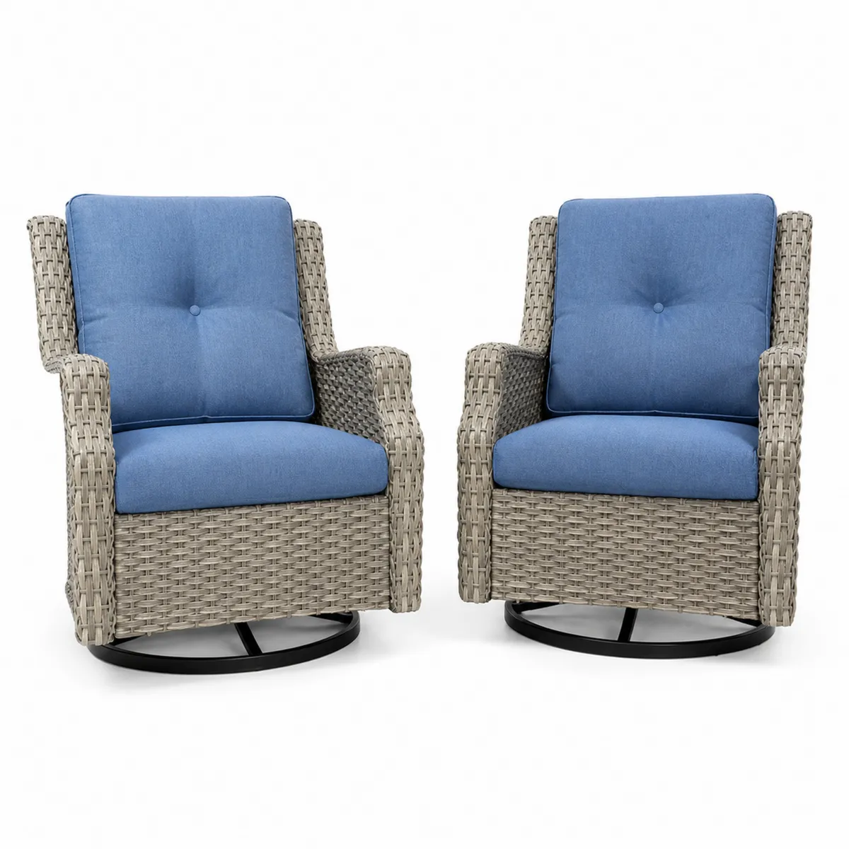 Lot de 2 fauteuils pivotants en résine tressée avec coussins en tissu bleu-Novvortex