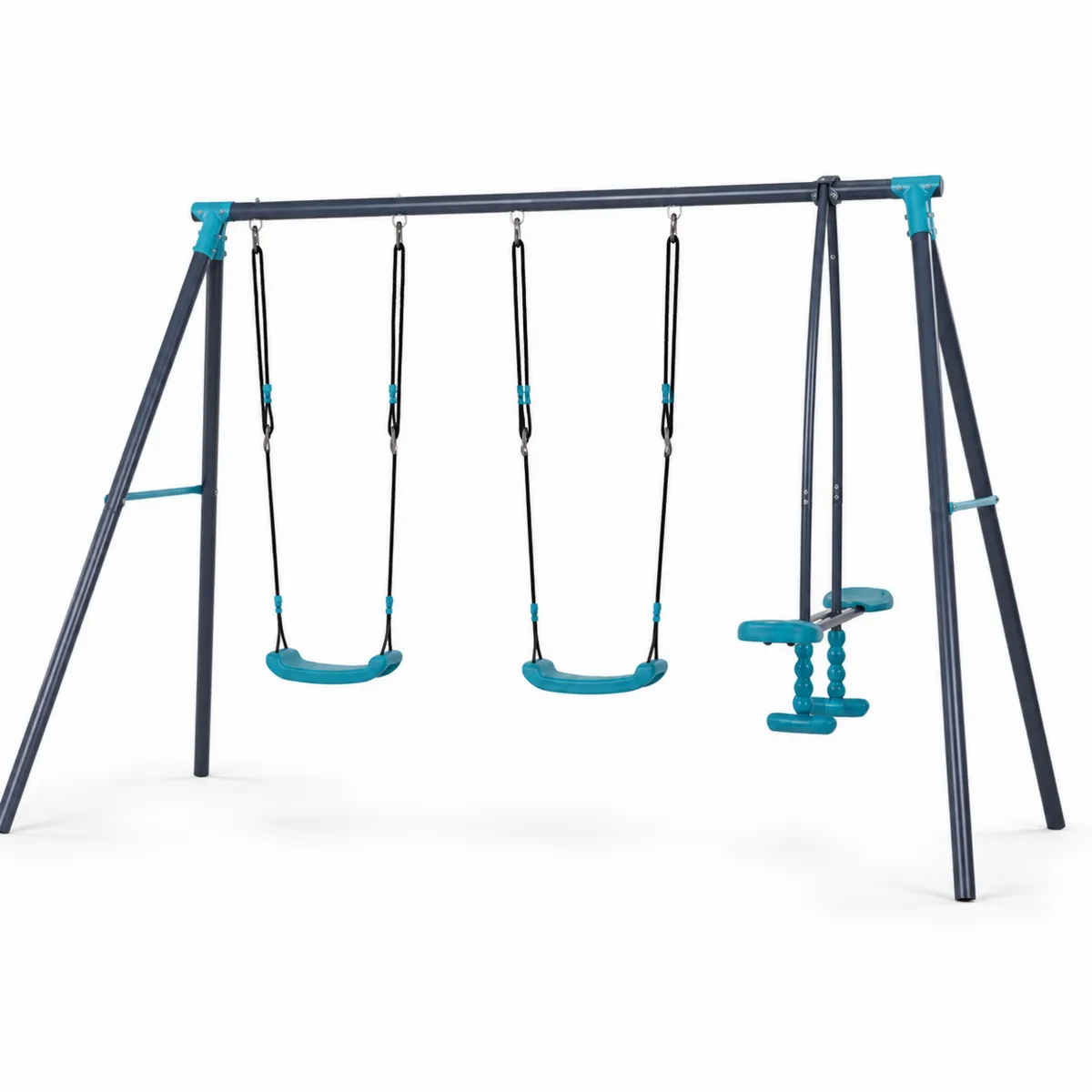 Portique de Balançoire en Métal avec 2 Sièges et Trapèze Bleu et Gris-Novvortex