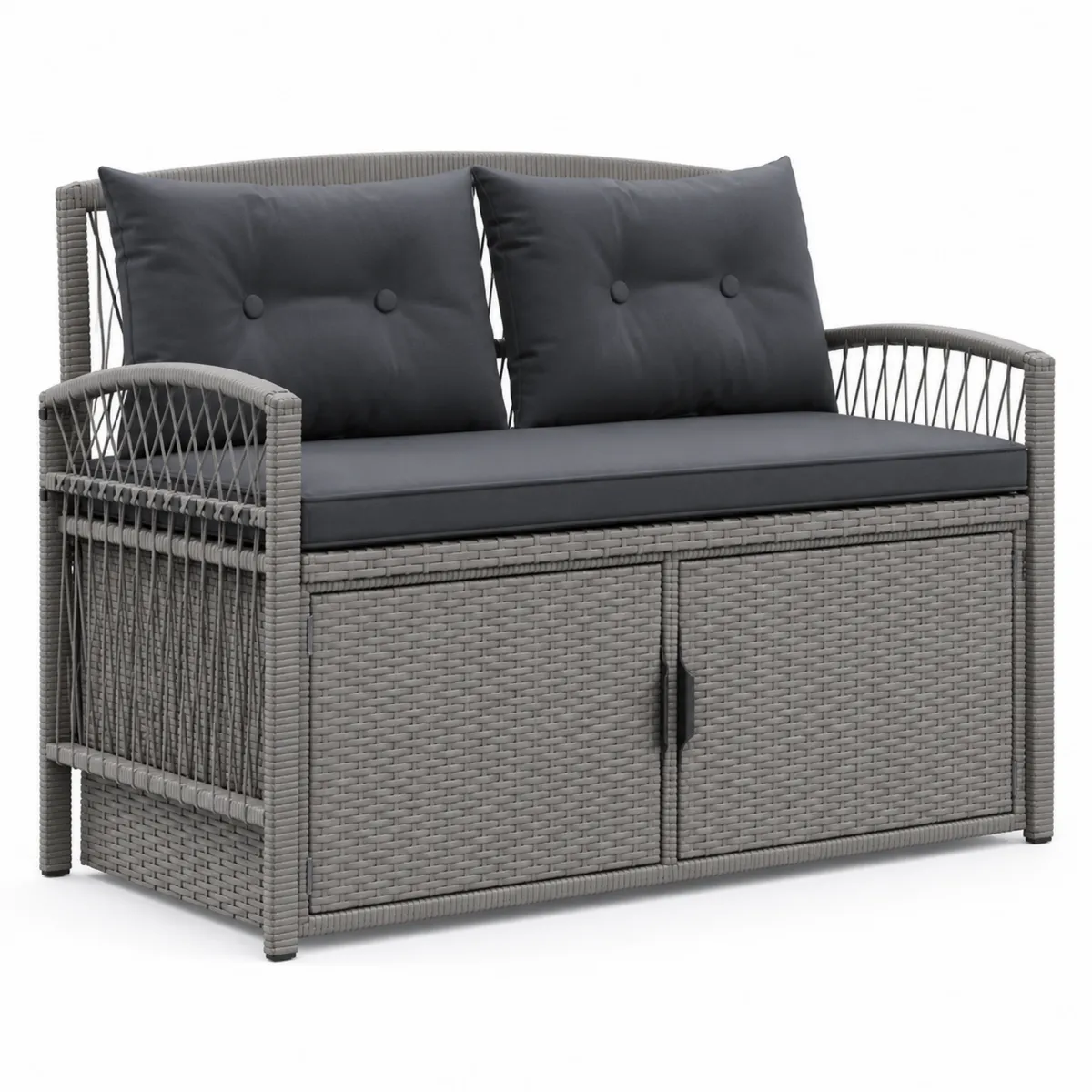 Banc en rotin avec rangement et coussins gris-Novvortex