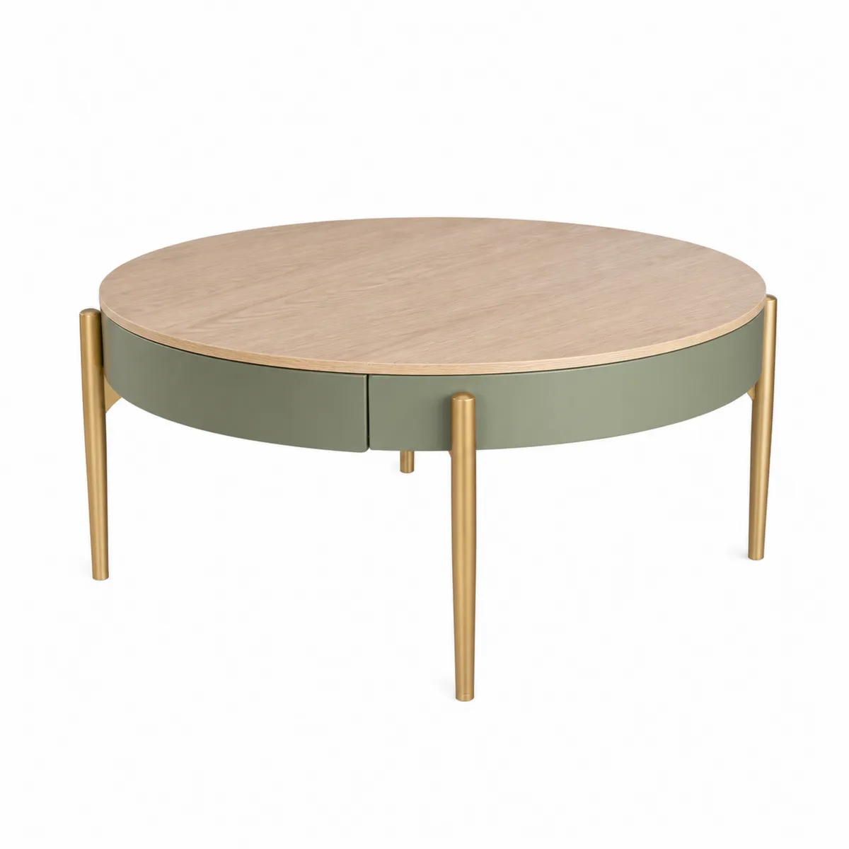Table basse ronde en bois clair et métal doré avec tiroir, 80 cm-Novvortex