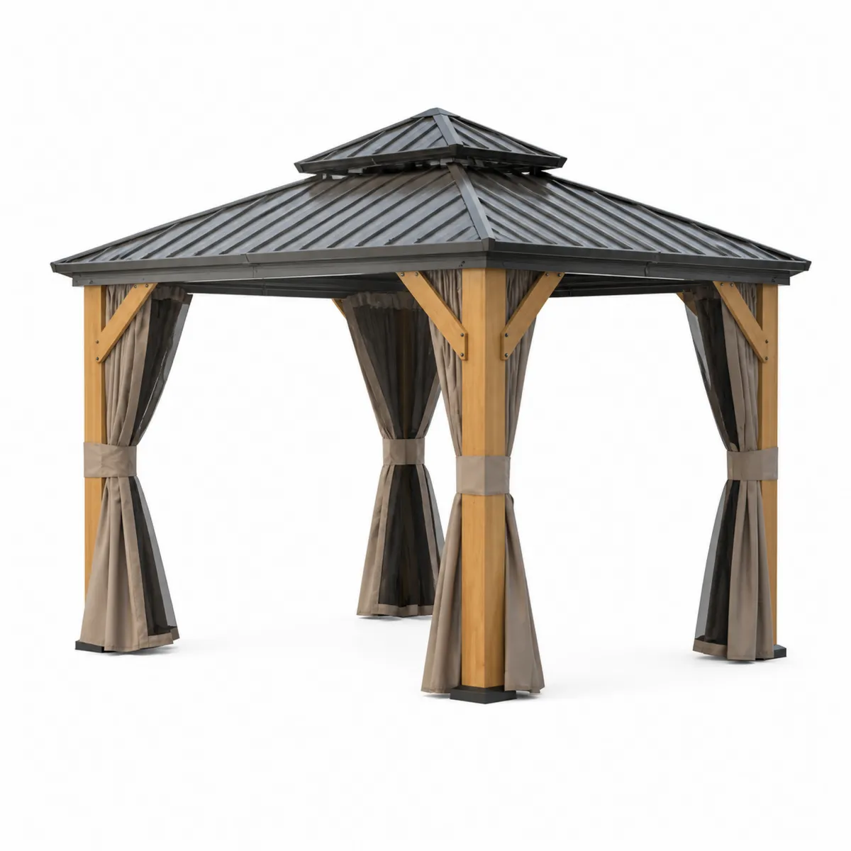 Pergola en bois avec toit en métal et rideaux en polyester-Novvortex