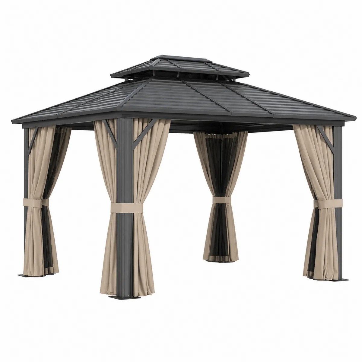 Pavillon en Aluminium avec Rideaux en Polyester Noir et Beige-Novvortex