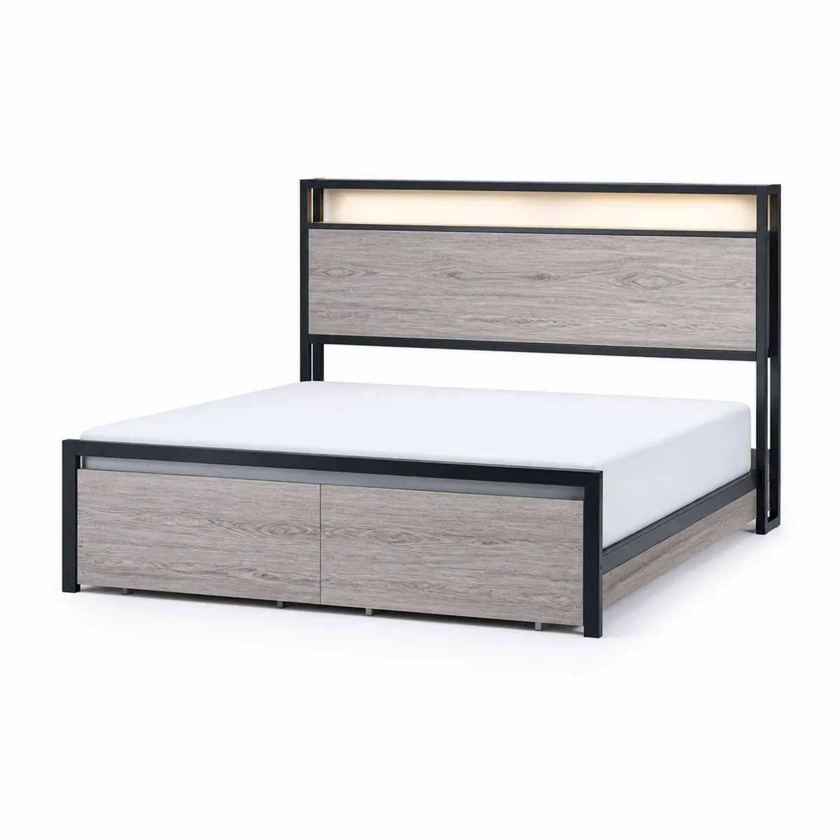 Lit double en métal et bois avec éclairage intégré 200x160 cm Chêne clair/Noir-Novvortex
