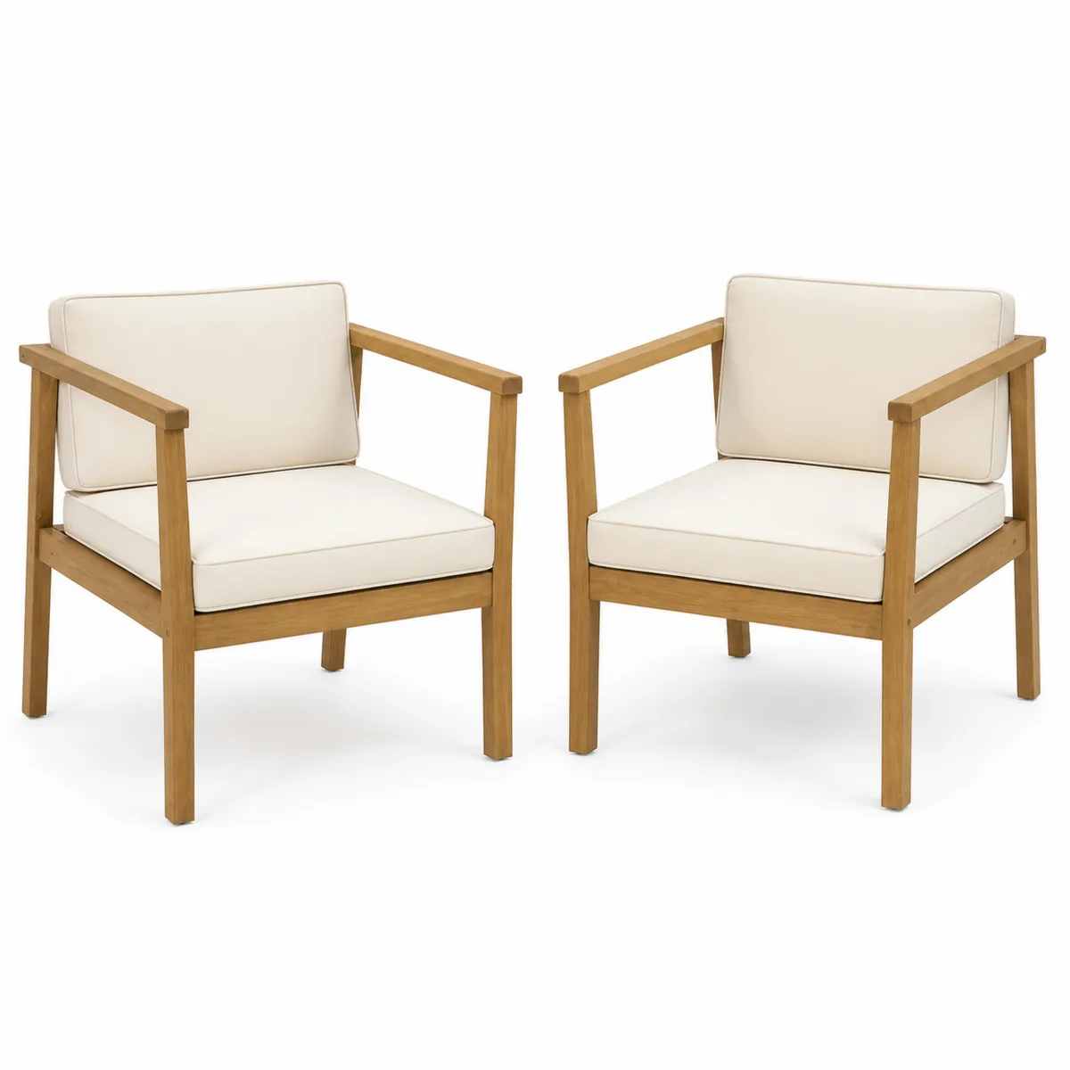 Ensemble de 2 fauteuils en bois d'acacia avec coussins crème-Novvortex