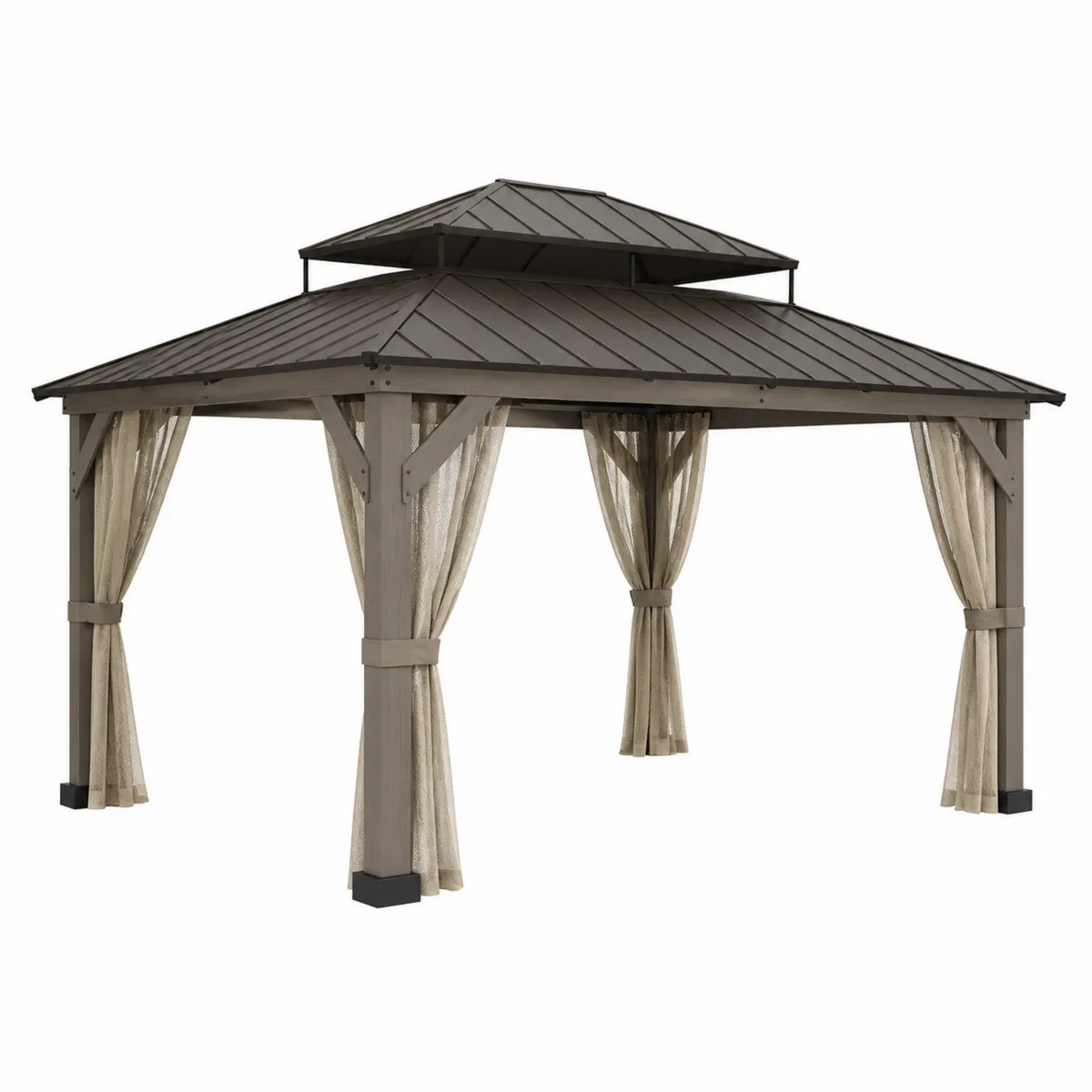 Pavillon de Jardin en Aluminium avec Toit Acier et Rideaux Beige-Novvortex