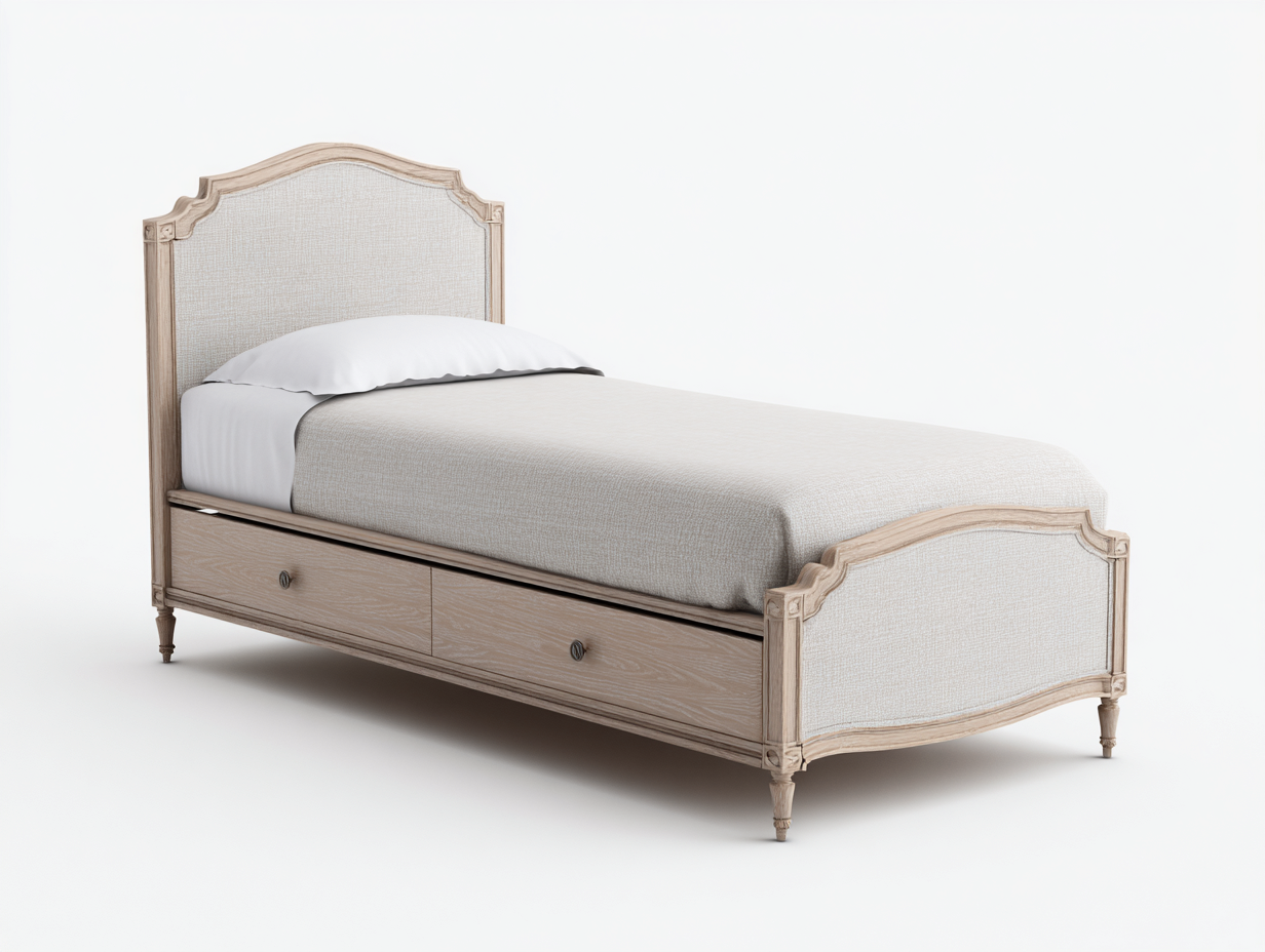 Cama individual madera tapizada 200x100x95 cm - beige y original madera - estilo clásico para dormitorio