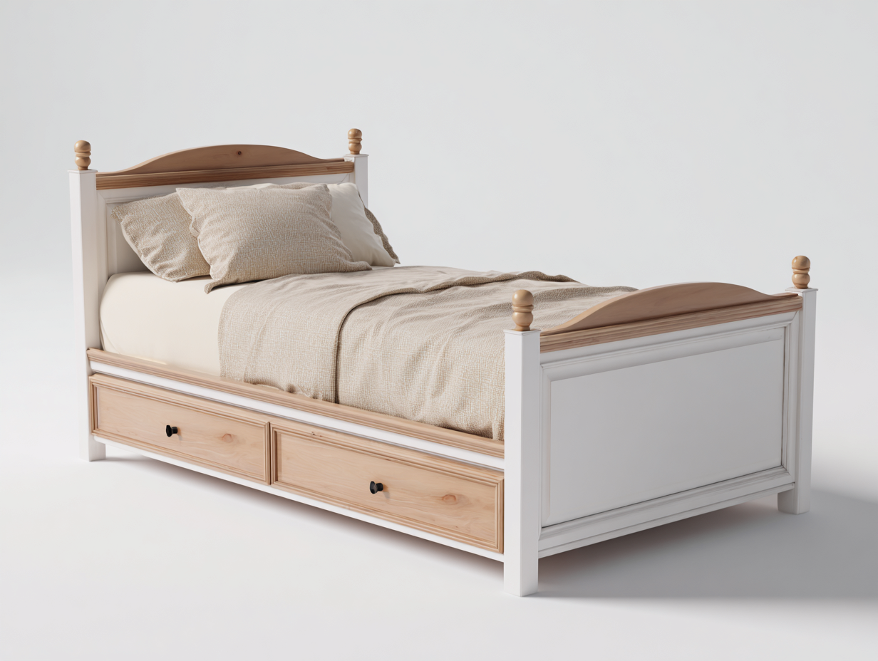 Cama individual con cajones de madera para dormitorio 200x100x100 cm - madera-blanco - diseño clásico moderno