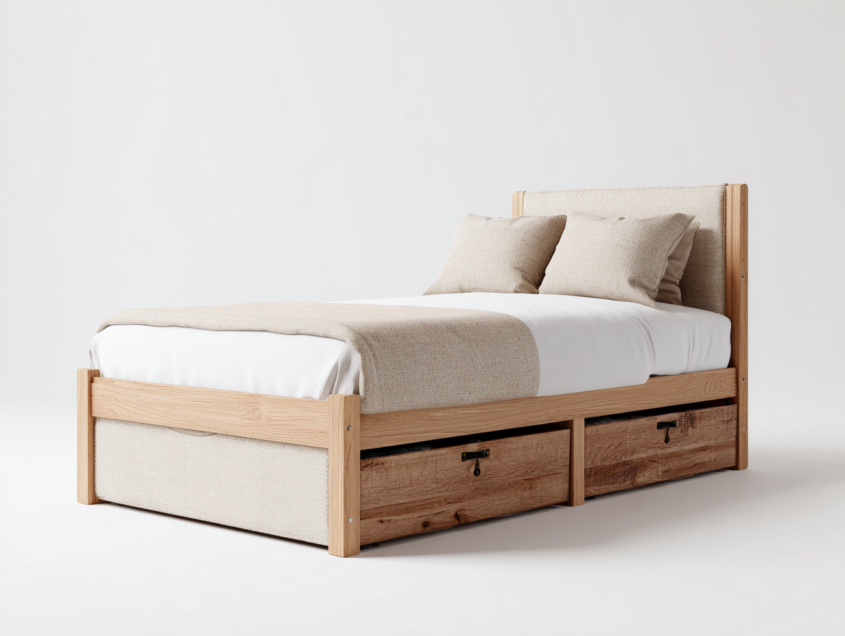 Camas individuales de madera 200x100x100 cm beige-madera natural con 2 cajones diseño moderno para dormitorio