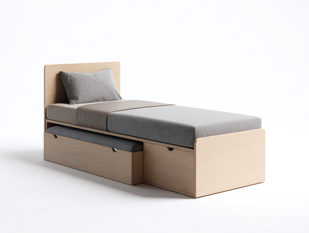 Cama individual con cajón y cama auxiliar de madera para dormitorio 200x100x95 cm - madera-gris - diseño moderno funcional