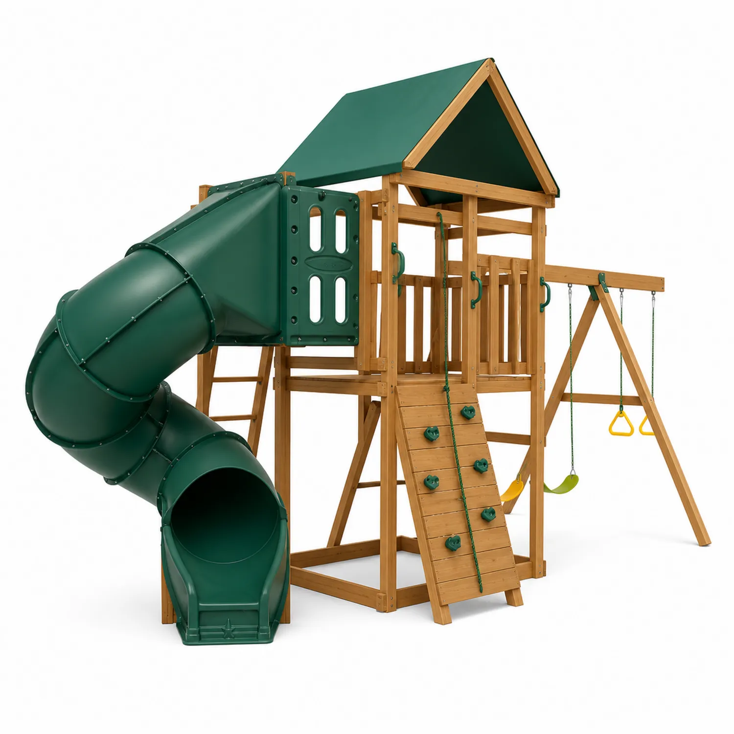Kinderspielplatz aus Holz und Kunststoff, Grün/Braun-Lumriven