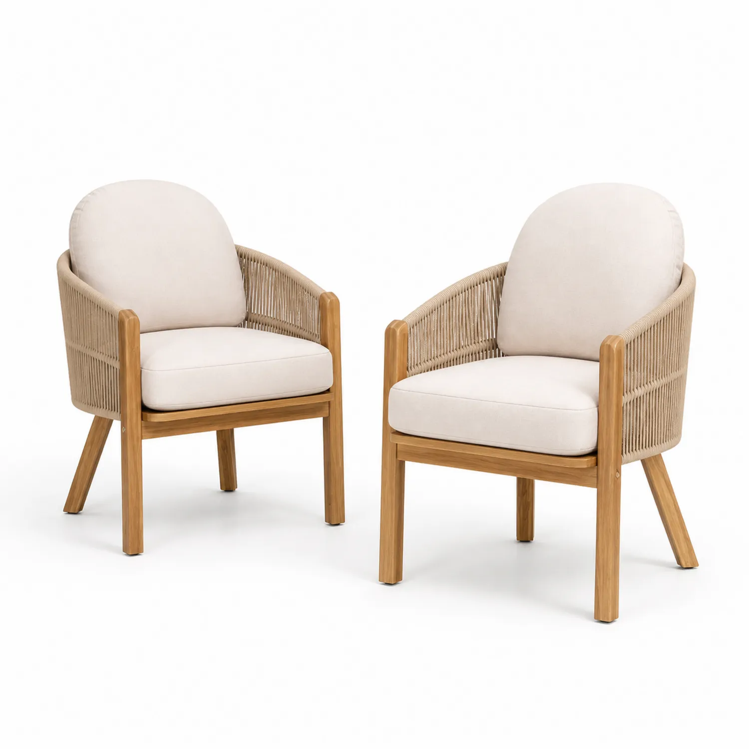 2er-Set Teakholz-Stühle mit Seilgeflecht und Kissen Beige-Lumriven