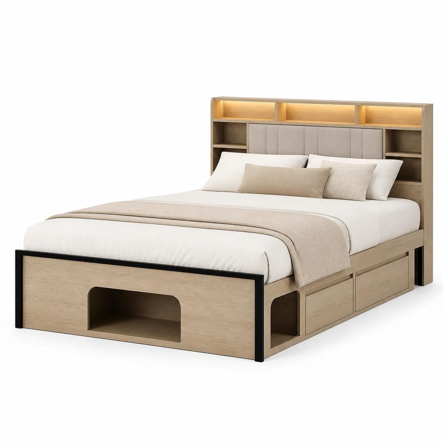 Holzbett mit Stauraum und Regal Kopfteil 200x160cm Beige-Lumriven