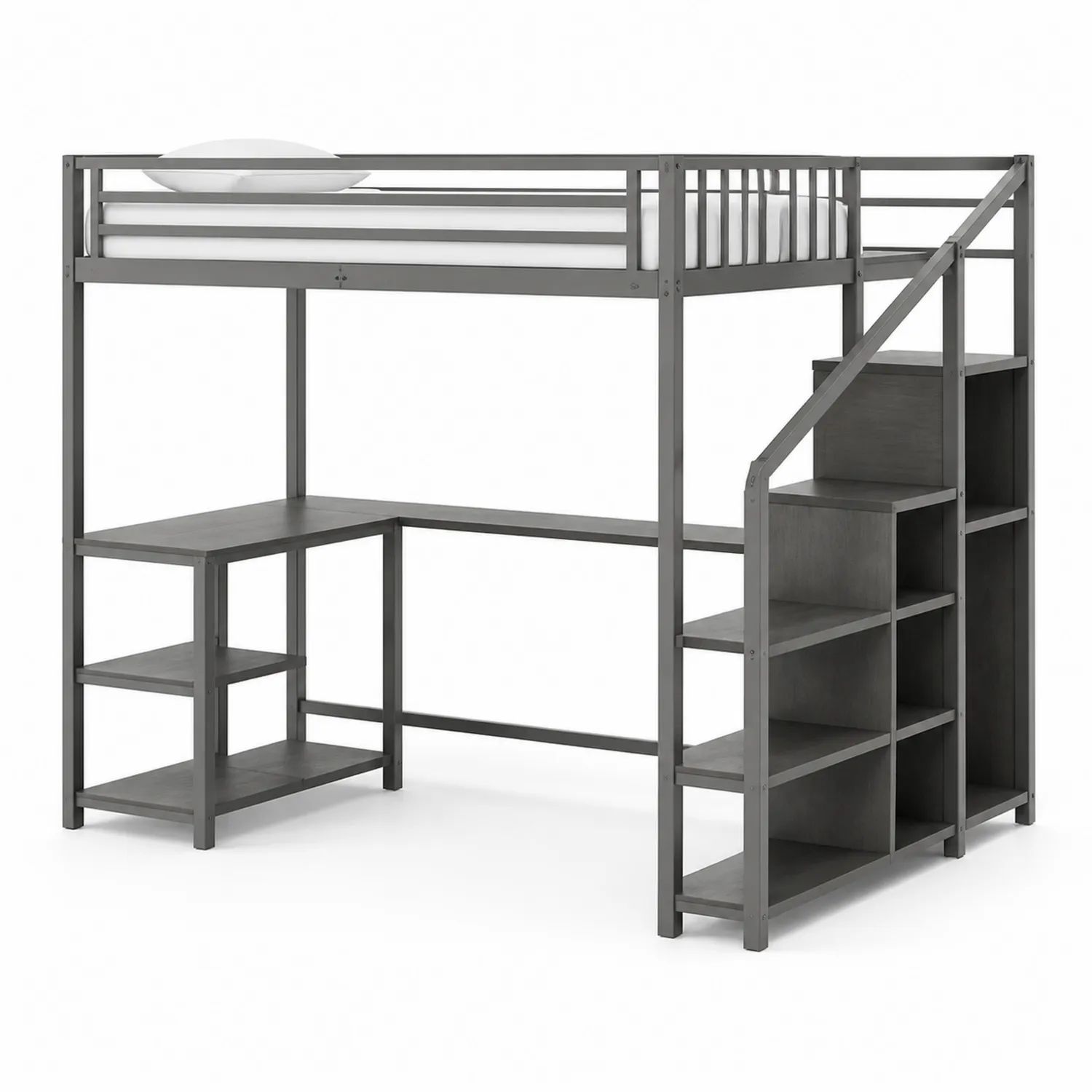 Metall Hochbett mit Treppe und Schreibtisch Anthrazit 200x90cm-Lumriven