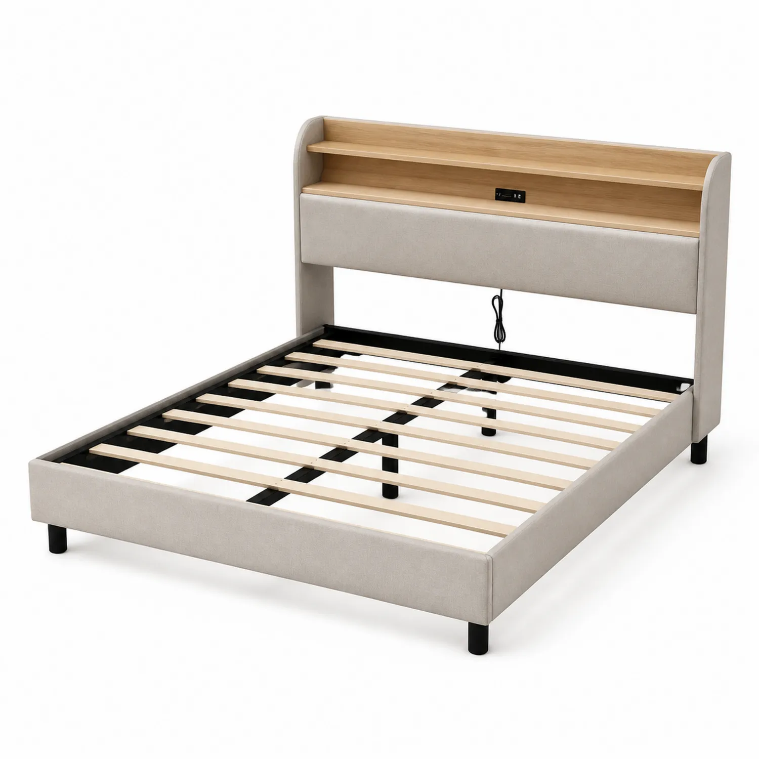 Polsterbett mit Regal Kopfteil 140x200 cm Polyester Metall Beige-Lumriven