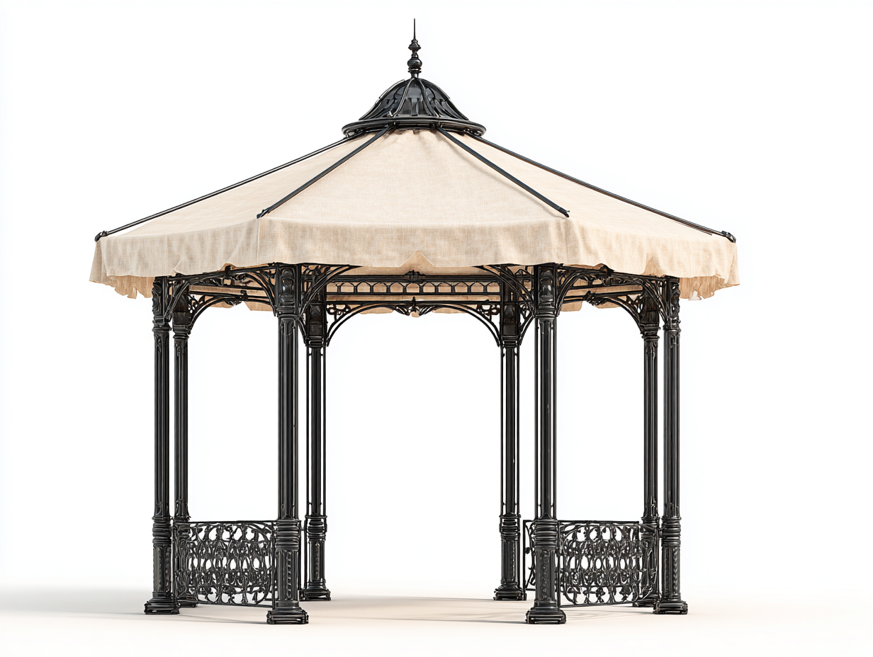 Pérgola de jardín metálica con cubierta textil 320x320x300 cm - negro-beige - diseño clásico ornamental