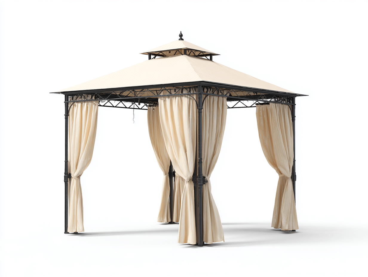 Pérgola de jardín acero 300x300x260 cm beige-negro con cortinas diseño elegante para exterior