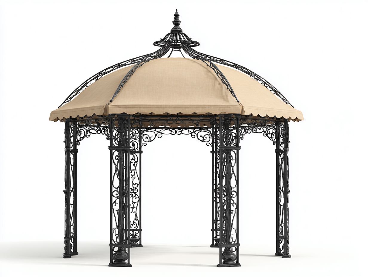 Pérgola de jardín estructura metal con toldo tela 300x300x280 cm negro beige diseño clásico para exterior