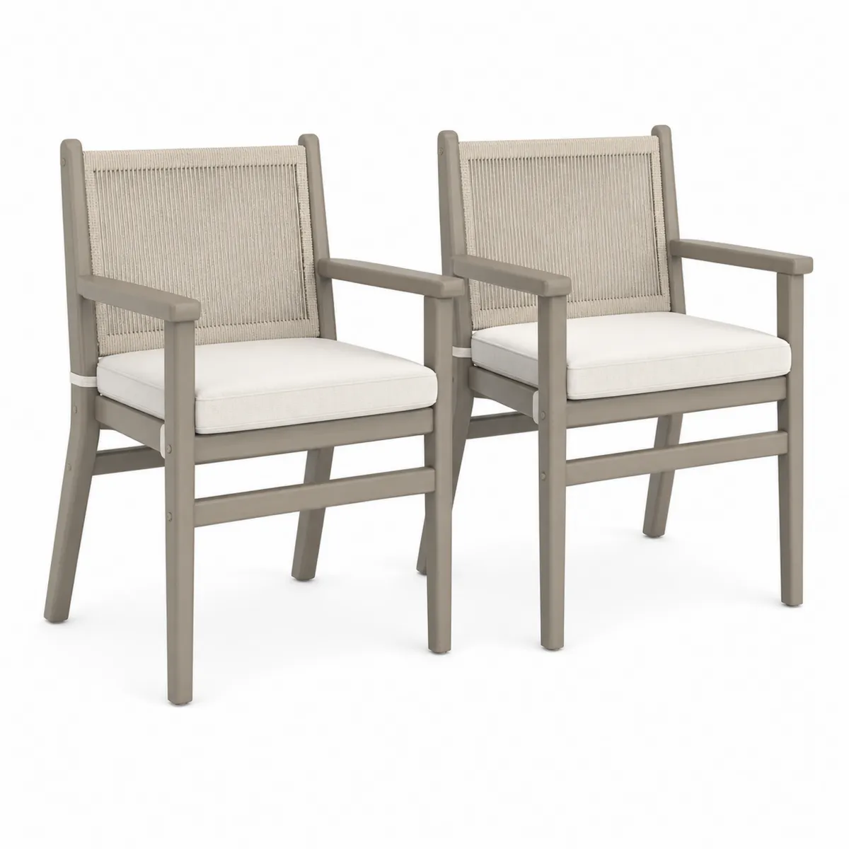 2er Set Gartenstühle aus Holz mit Seilgewebe und Polyesterkissen Beige