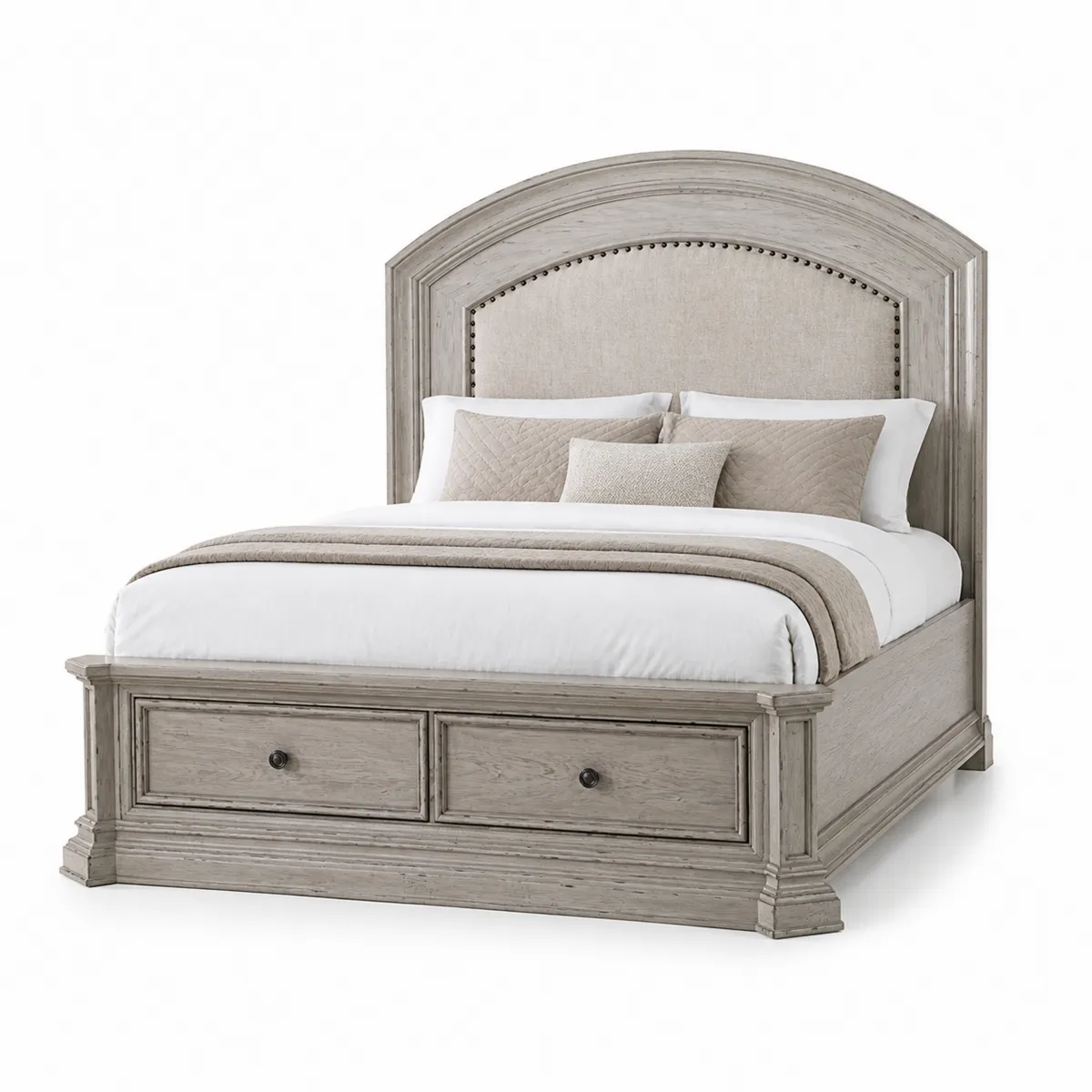 Eichenbett mit Stauraum und Kopfteil, Beige, 200x160 cm