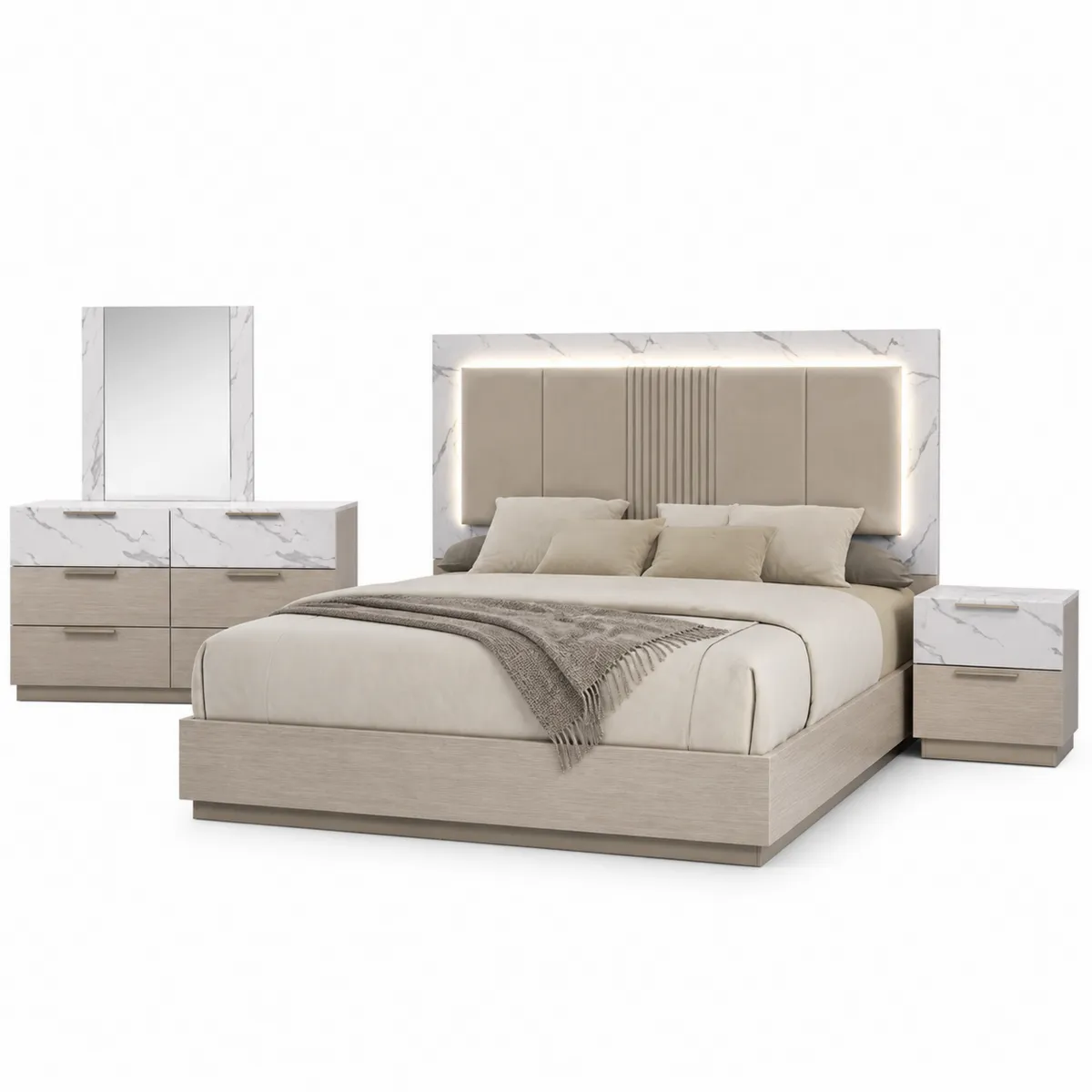 Schlafzimmermöbel-Set aus MDF, Kunstleder und gehärtetem Glas in Beige/Marmor mit LED