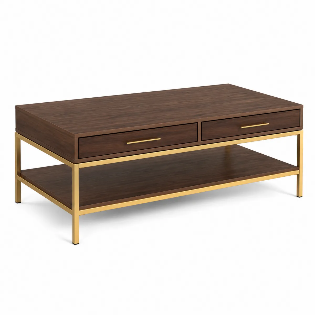 Rechteckiger Couchtisch mit Schubladen aus Holz und Metall in Dunkelbraun und Gold