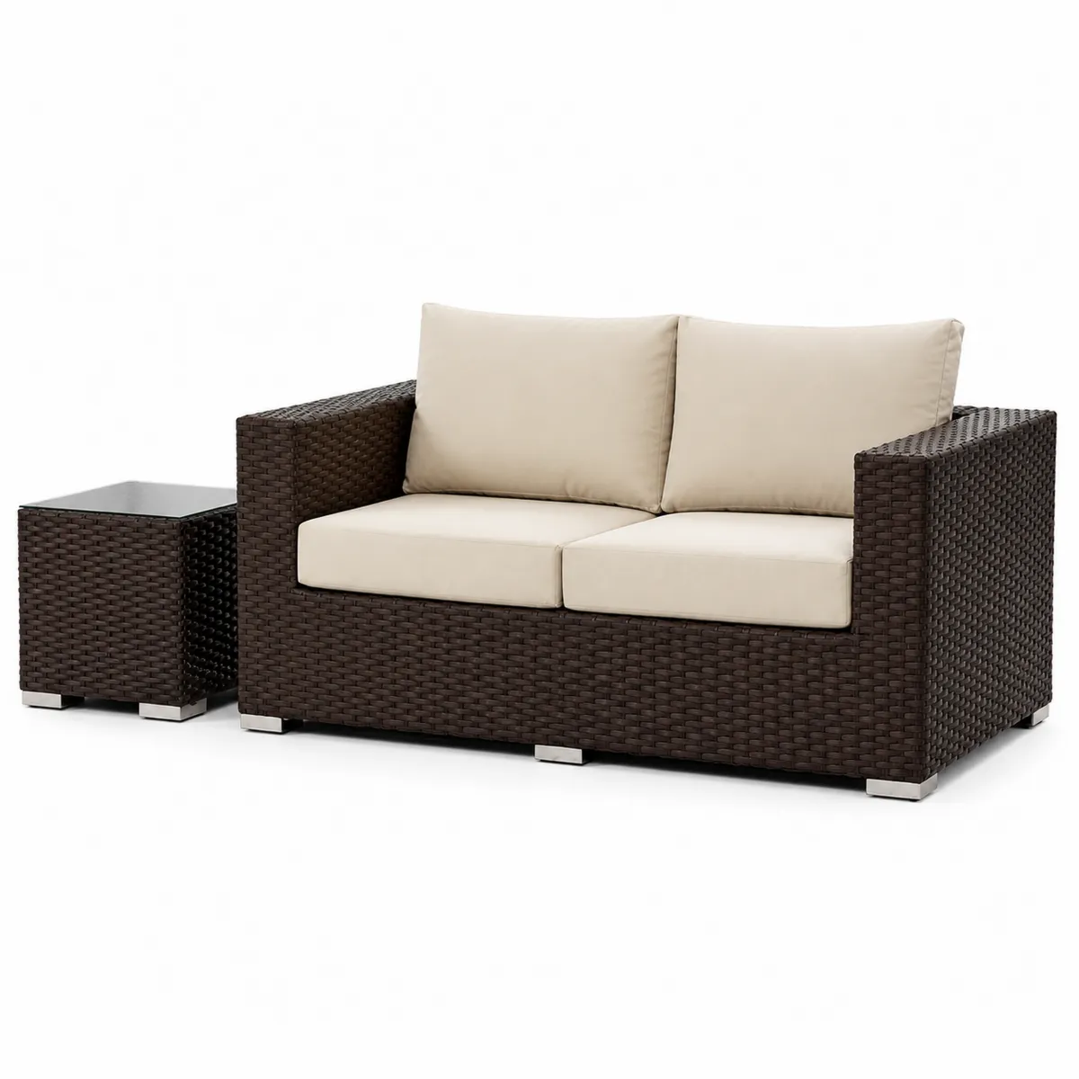 Rattan Gartenmöbel Set, Sofa und Tisch, Aluminiumrahmen, Braun/Beige