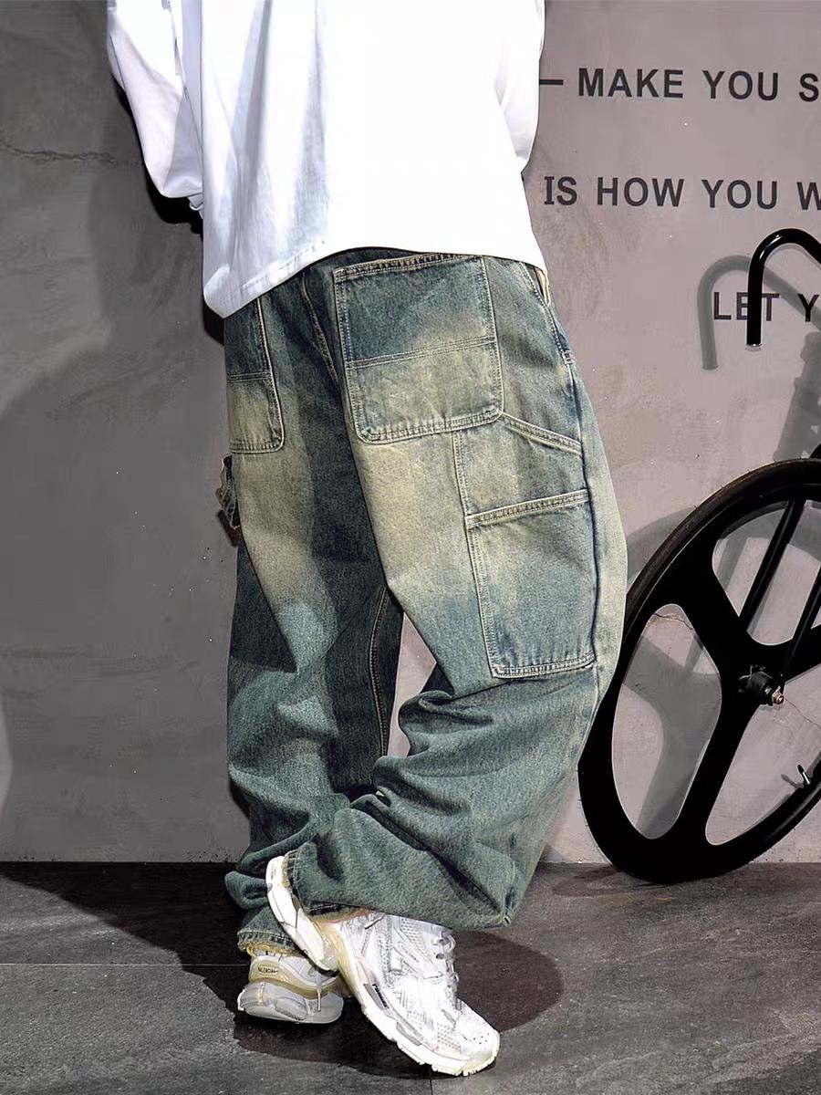 Men's Y2K Washed Patchwork Distressed Denim Jeans, Loose Fit Casual Slimming Trendy Straight Leg Wide Leg Denim Cargo Jeans Men's Y2K Washed Patchwork Distressed Denim Jeans, Loose Fit Casual Slimming Trendy Straight Leg Wide Leg Denim Cargo Jeans