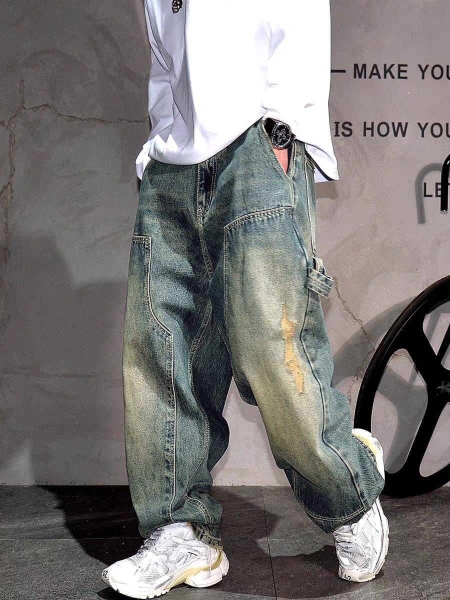 Men's Y2K Washed Patchwork Distressed Denim Jeans, Loose Fit Casual Slimming Trendy Straight Leg Wide Leg Denim Cargo Jeans Men's Y2K Washed Patchwork Distressed Denim Jeans, Loose Fit Casual Slimming Trendy Straight Leg Wide Leg Denim Cargo Jeans