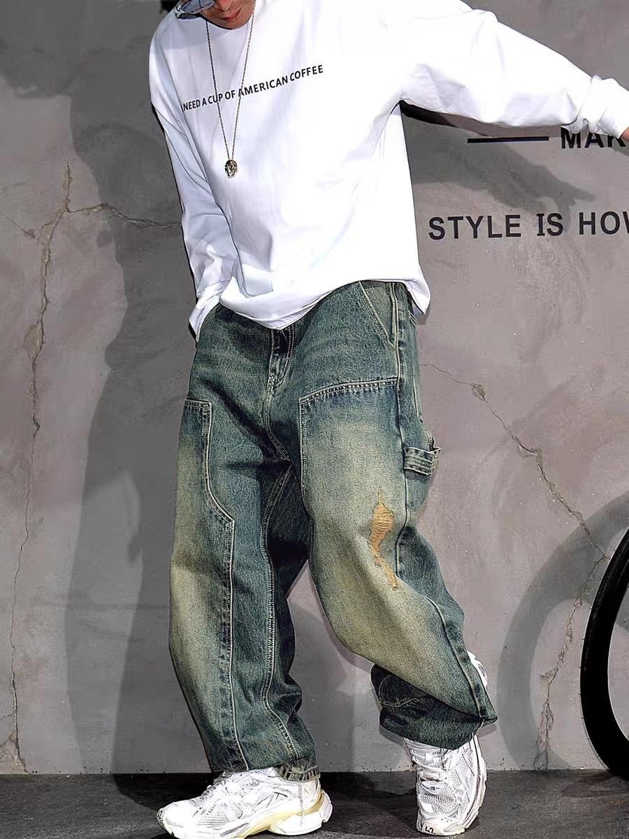 Men's Y2K Washed Patchwork Distressed Denim Jeans, Loose Fit Casual Slimming Trendy Straight Leg Wide Leg Denim Cargo Jeans Men's Y2K Washed Patchwork Distressed Denim Jeans, Loose Fit Casual Slimming Trendy Straight Leg Wide Leg Denim Cargo Jeans