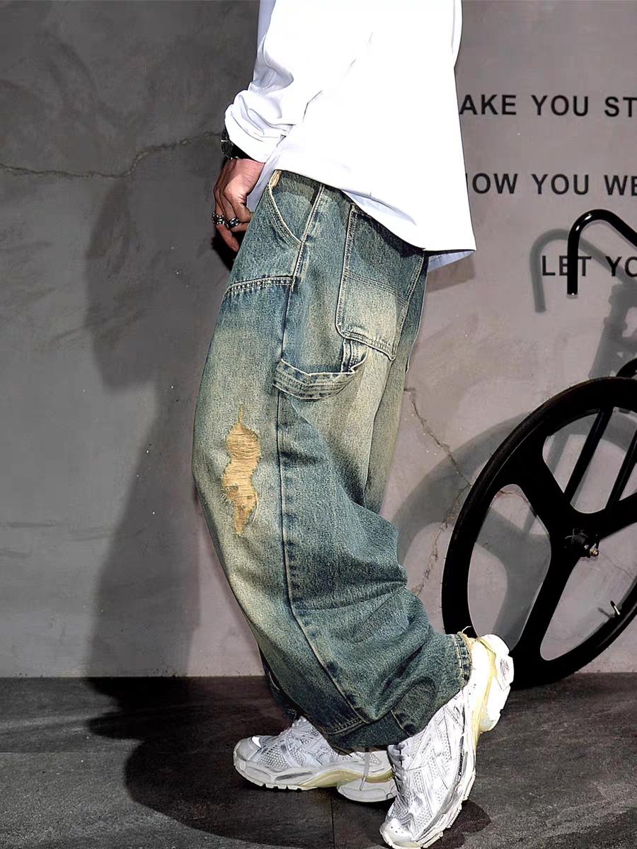 Men's Y2K Washed Patchwork Distressed Denim Jeans, Loose Fit Casual Slimming Trendy Straight Leg Wide Leg Denim Cargo Jeans Men's Y2K Washed Patchwork Distressed Denim Jeans, Loose Fit Casual Slimming Trendy Straight Leg Wide Leg Denim Cargo Jeans