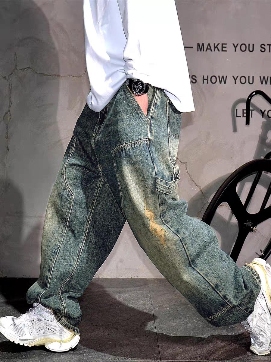 Men's Y2K Washed Patchwork Distressed Denim Jeans, Loose Fit Casual Slimming Trendy Straight Leg Wide Leg Denim Cargo Jeans Men's Y2K Washed Patchwork Distressed Denim Jeans, Loose Fit Casual Slimming Trendy Straight Leg Wide Leg Denim Cargo Jeans