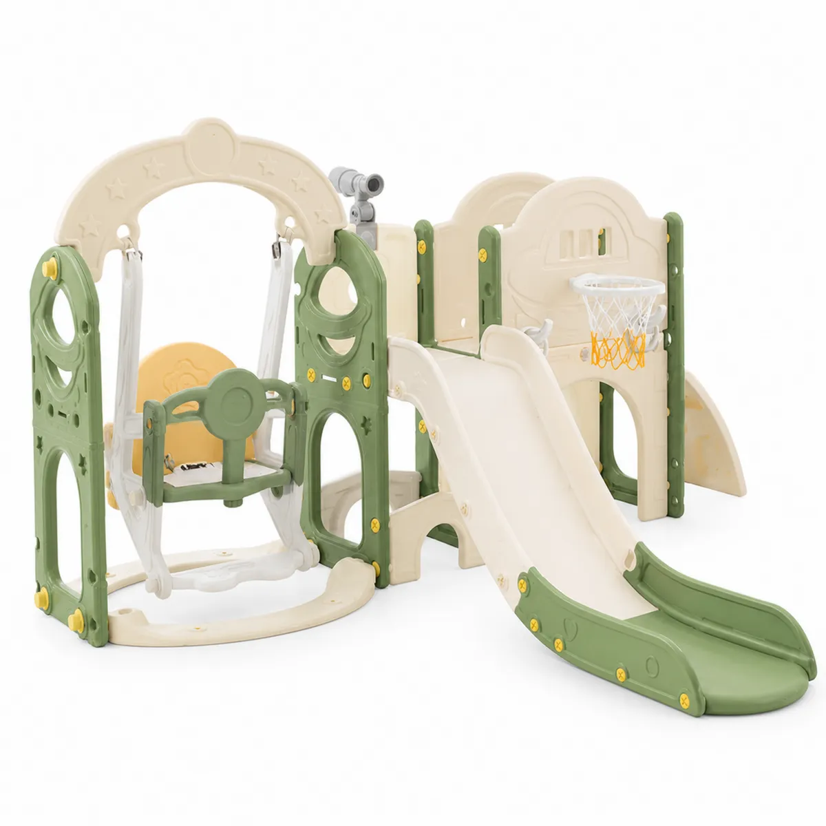 Aire de jeux enfant en plastique vert et beige