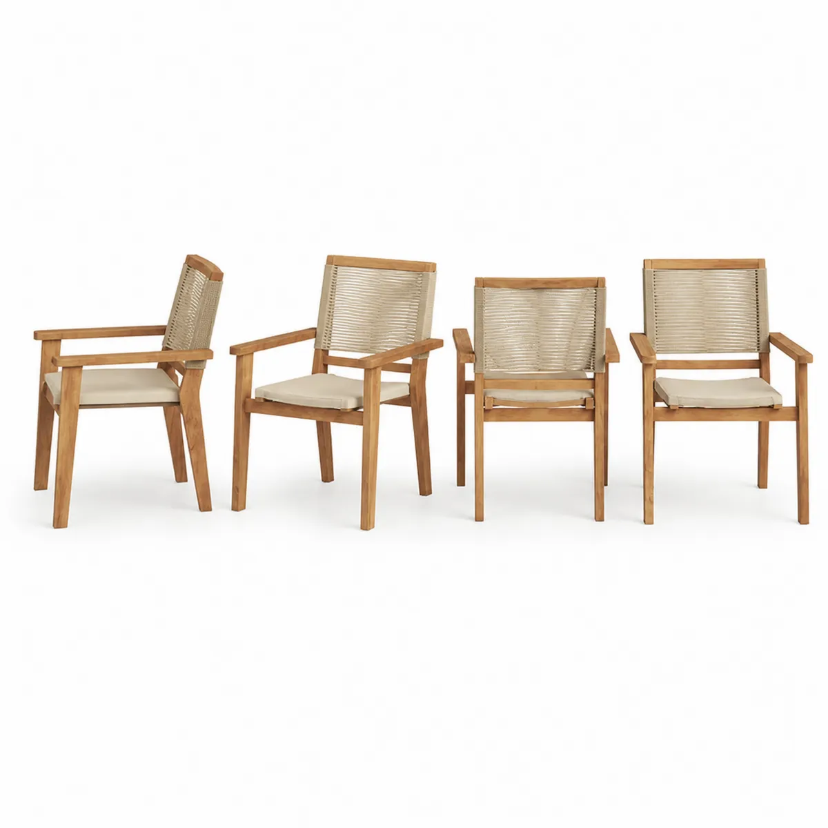 Lot de 4 chaises en teck avec coussins en mousse et dossier en corde
