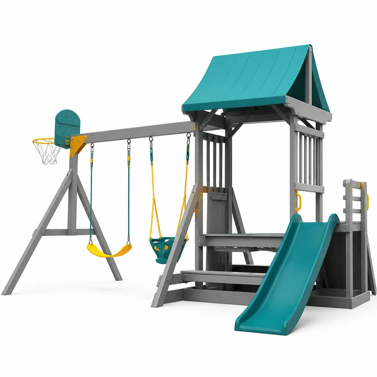 Aire de jeux en bois avec toboggan et balançoire