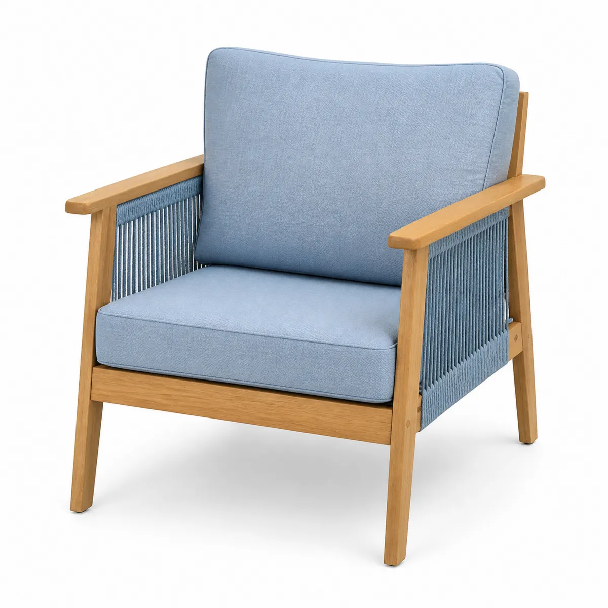 Fauteuil en bois avec tissu en polyester bleu clair