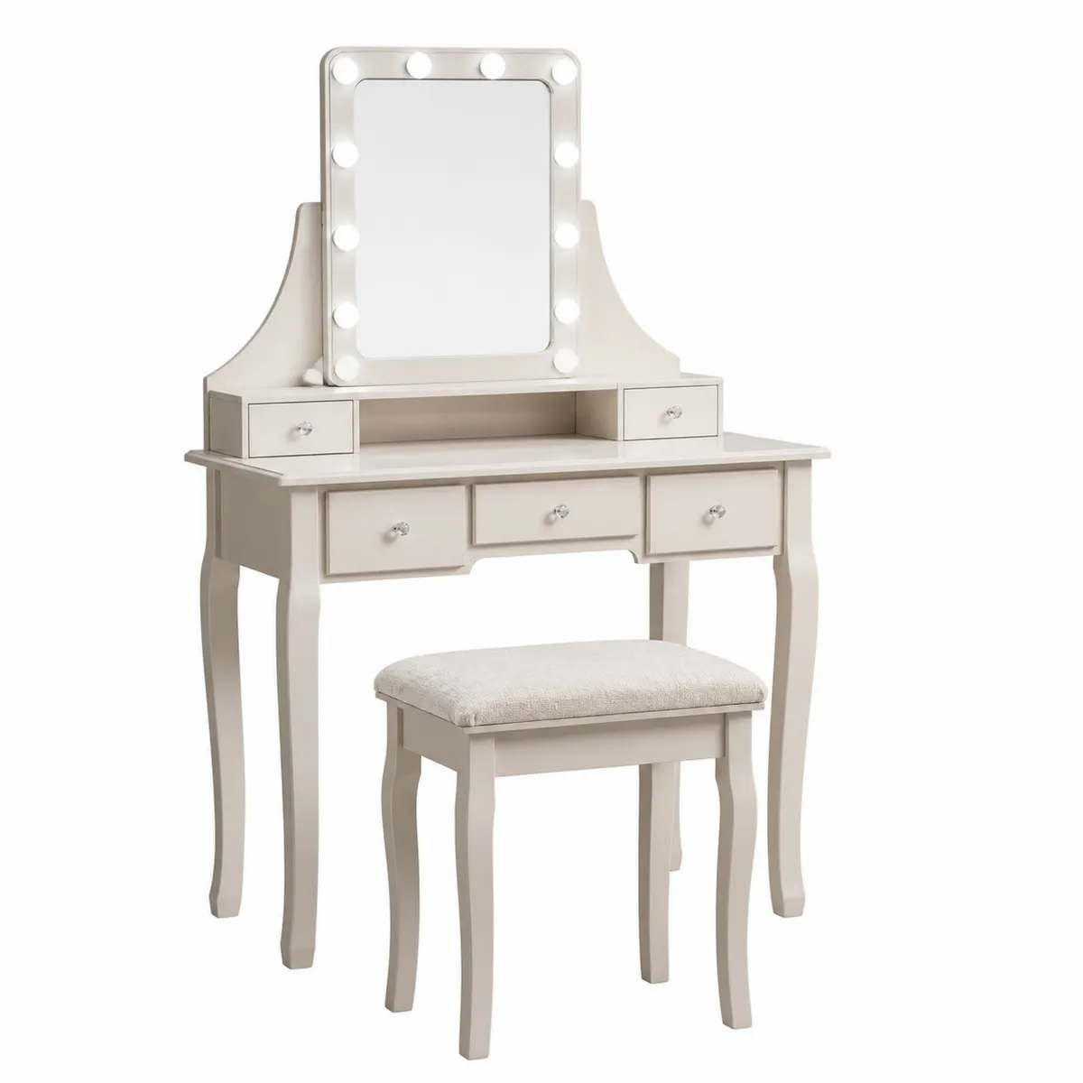 Table de maquillage en bois avec miroir LED et tabouret rembourré