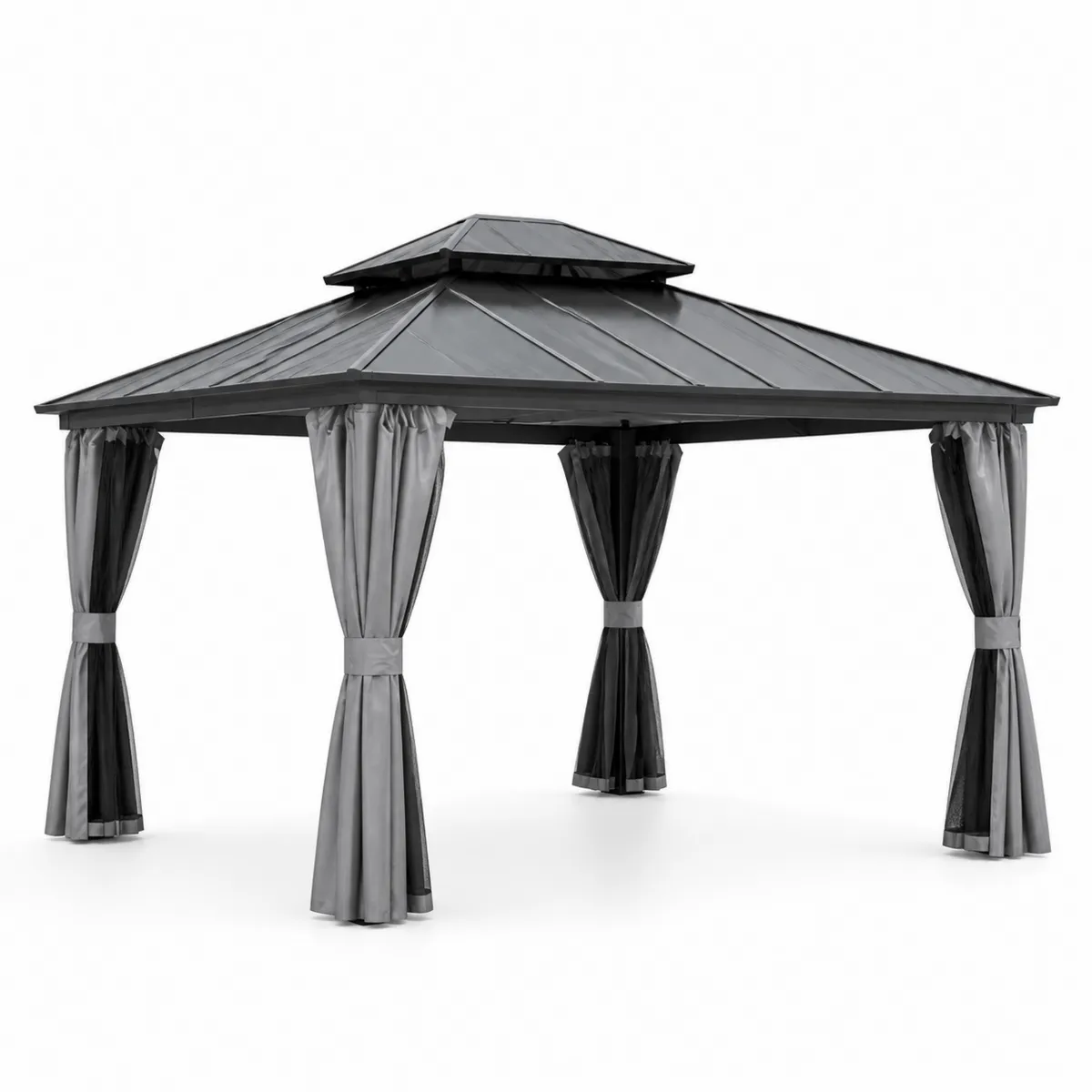 Pavillon de Jardin en Métal 300x400 cm avec Rideaux en Polyester Gris