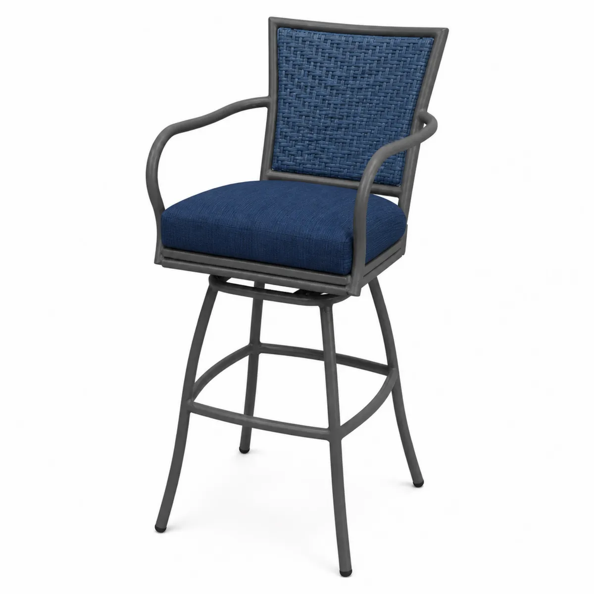 Chaise de bar extérieure en aluminium avec dossier texturé et coussin bleu