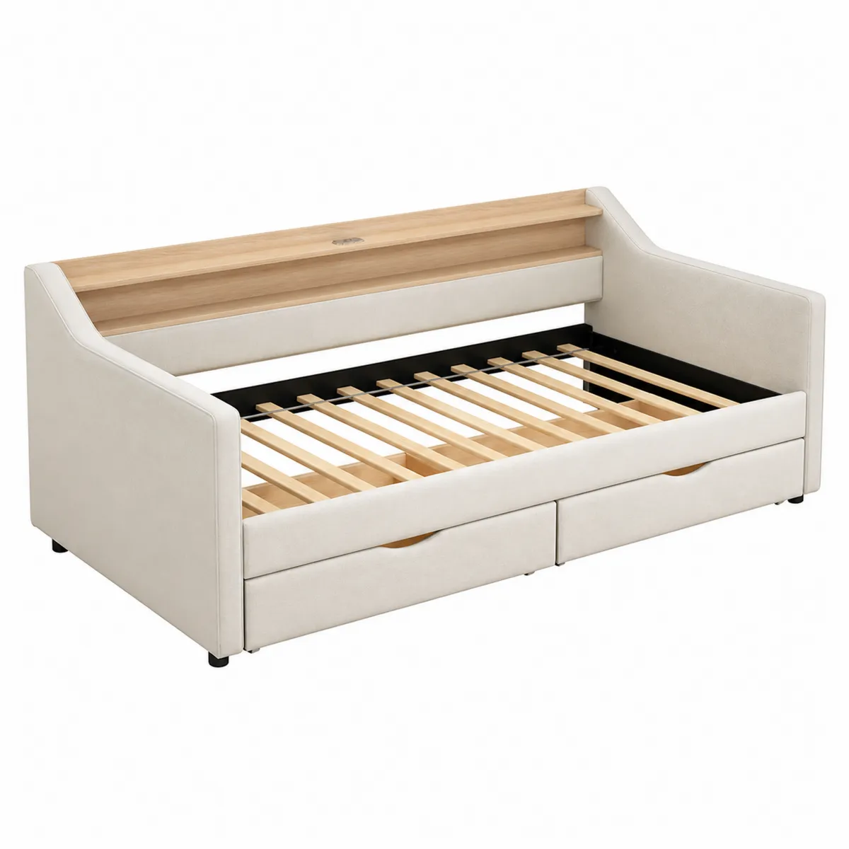 Cadre de lit en bois et tissu avec tiroirs 200x90 cm Chêne Clair et Blanc