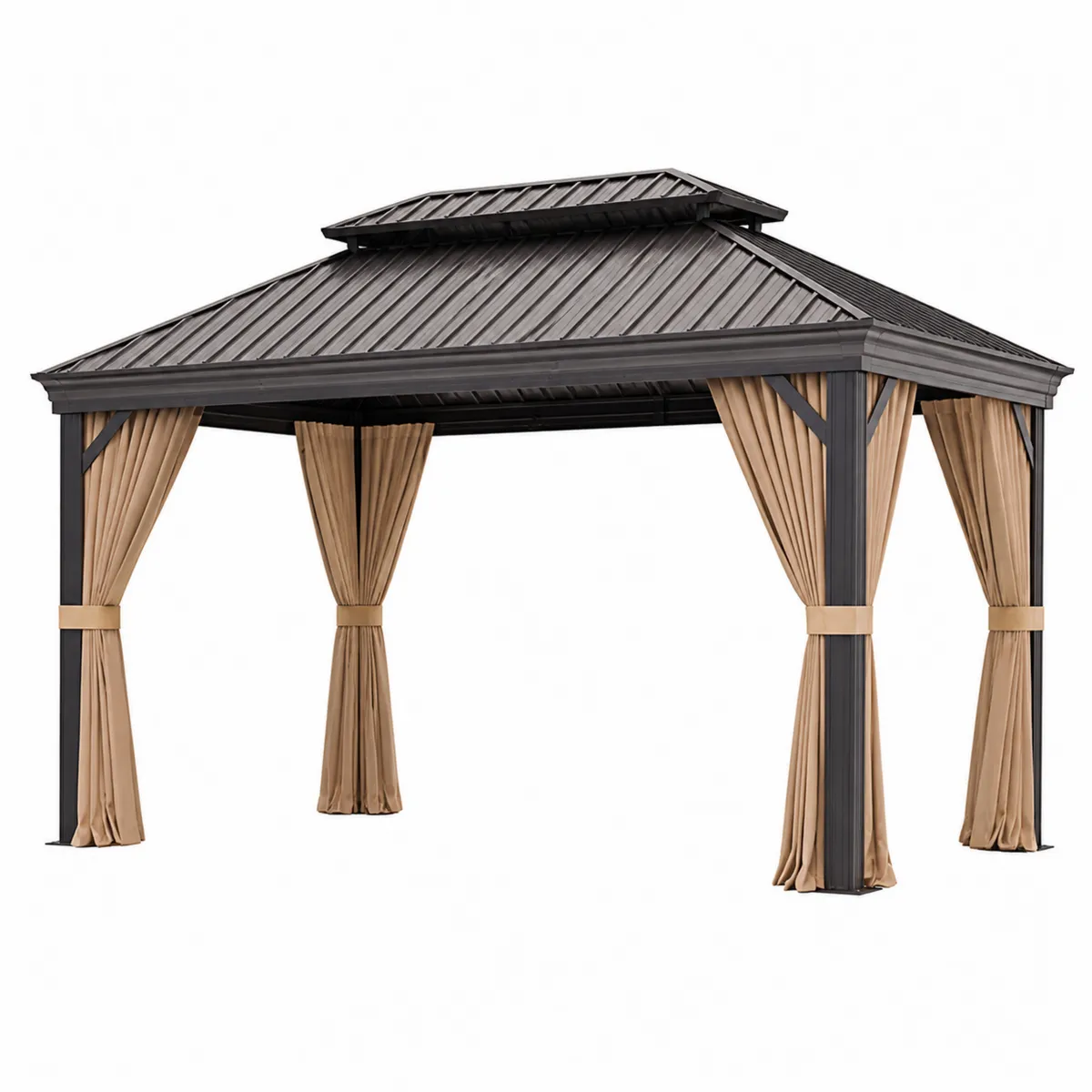 Tonnelle de jardin en aluminium avec toit en acier et rideaux beiges