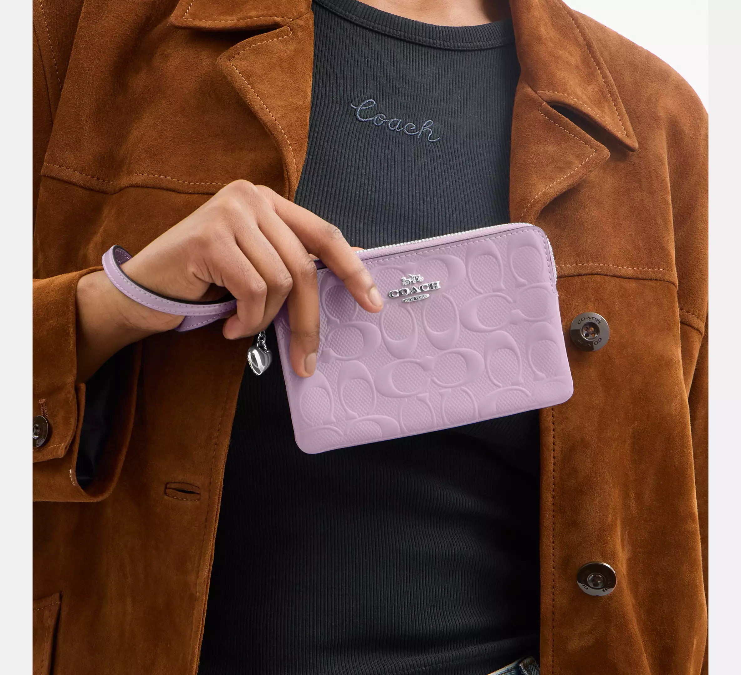 Corner Zip Wristlet In Signature Leather With Heart Charm