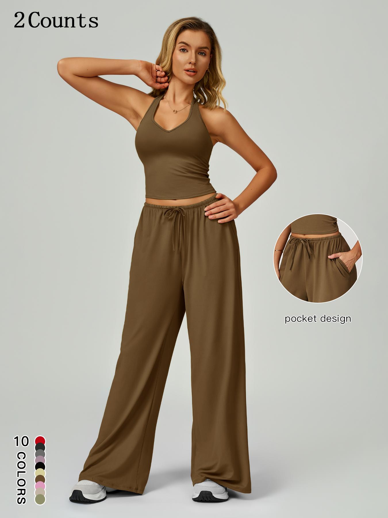 Women's Solid Crop Tank Top & Wide Leg Pants Set, Casual V Neck Sleeveless Top & Trousers for Daily Outdoor Wear, Ladies Sportswear for Summer Sports, Yoga and Airport Outfits, Gym Outfit